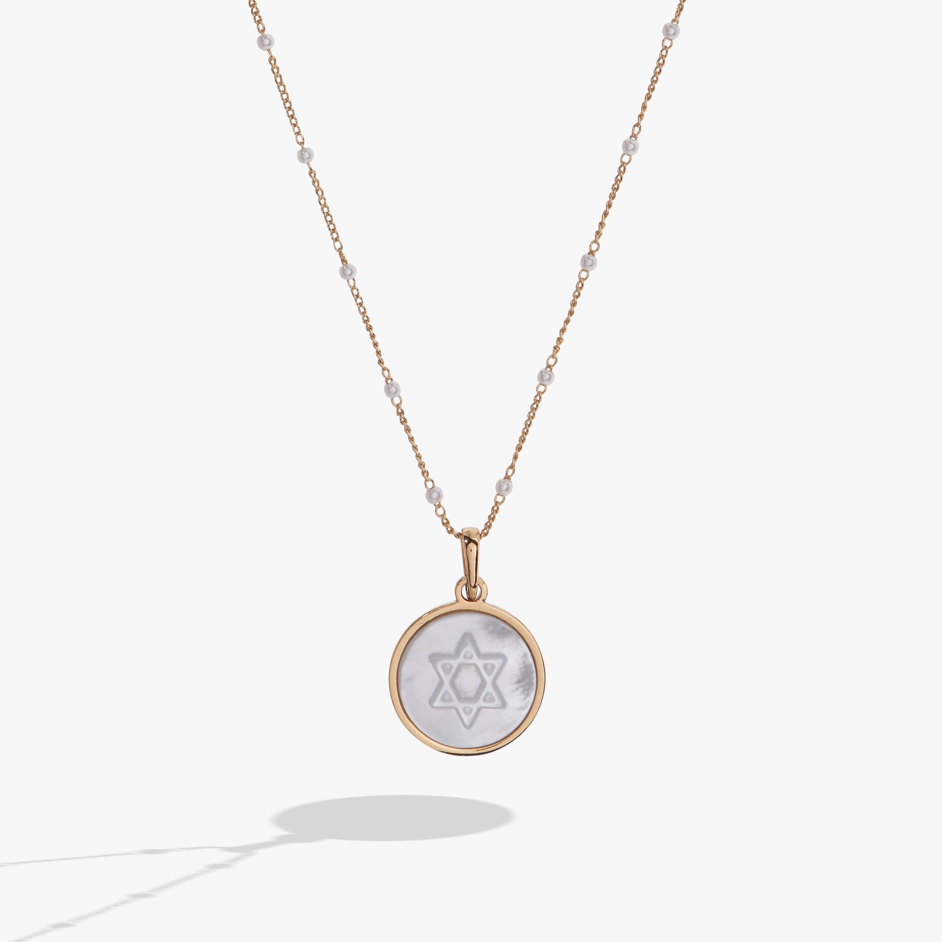 Gold toned Star of David pendant with Mother of Pearl and clear crystals on a delicate chain
