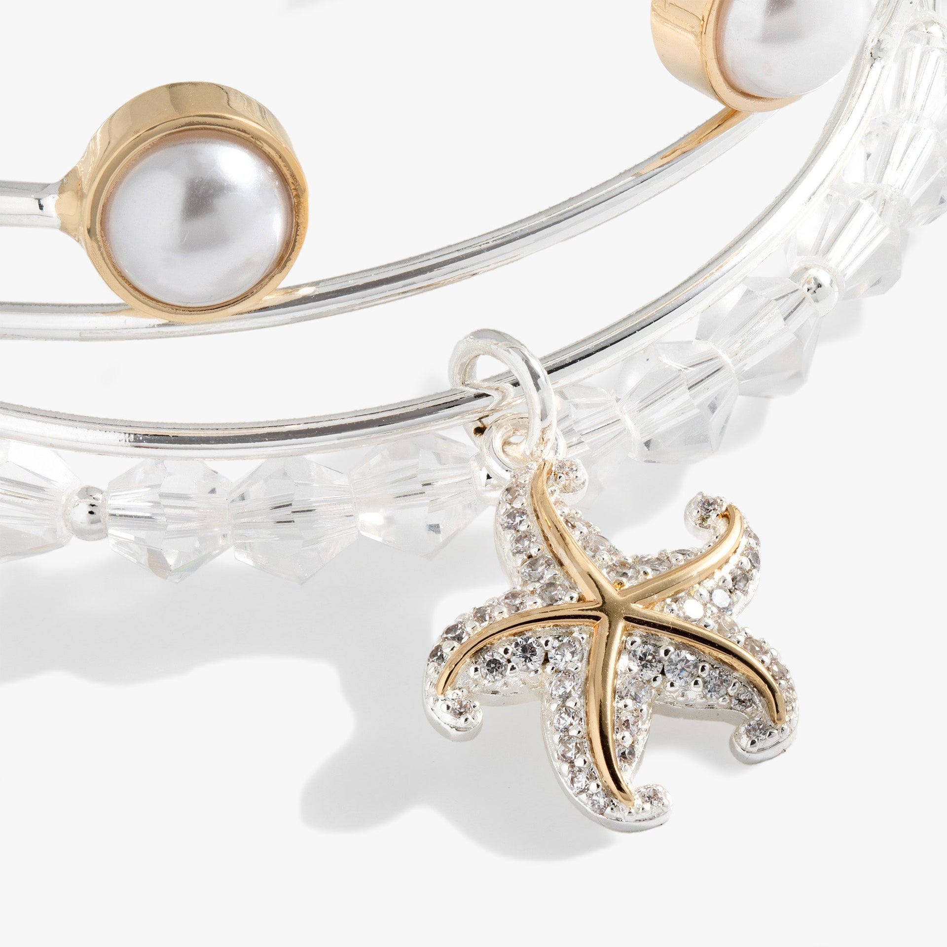 Starfish Bangle Set of 3 Two-Tone Crystal Coastal Stackable Bracelet