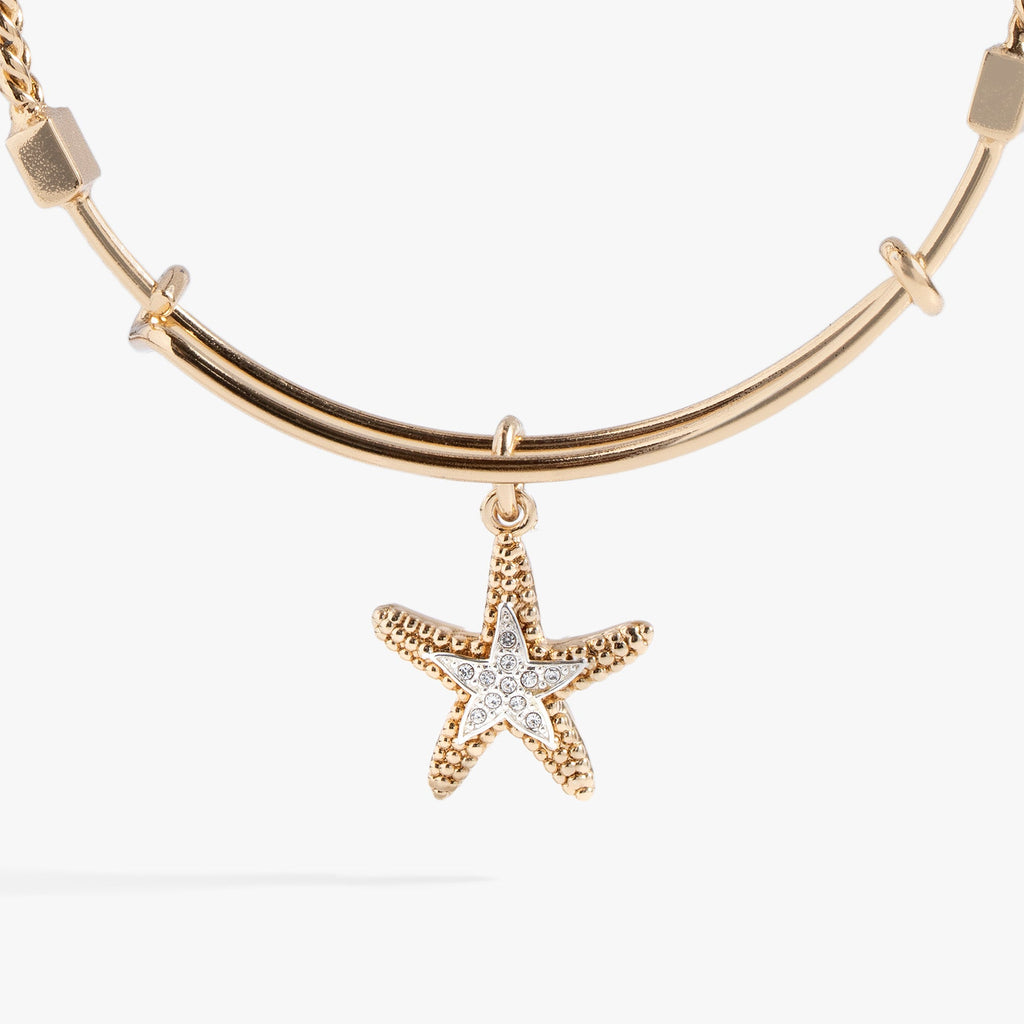 Textured Starfish Charm Bangle Gold-Plated Coastal Bracelet
