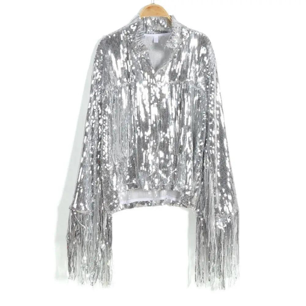 Silver Sequin Tassel Jacket Long Sleeve Reflective Glitter Shimmer