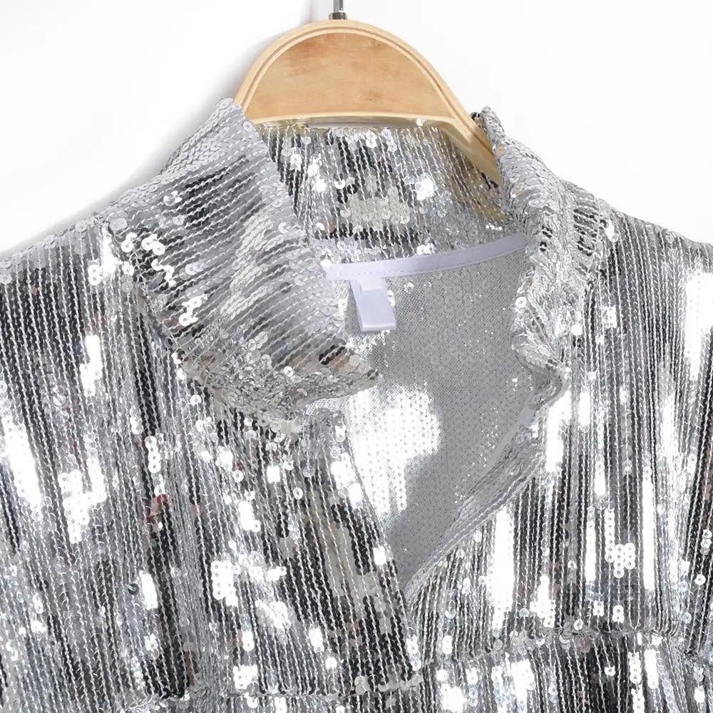 Silver Sequin Tassel Jacket Long Sleeve Reflective Glitter Shimmer