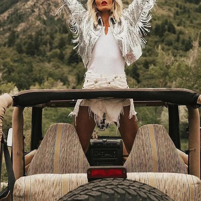 Silver Sequin Tassel Jacket Long Sleeve Reflective Glitter Shimmer