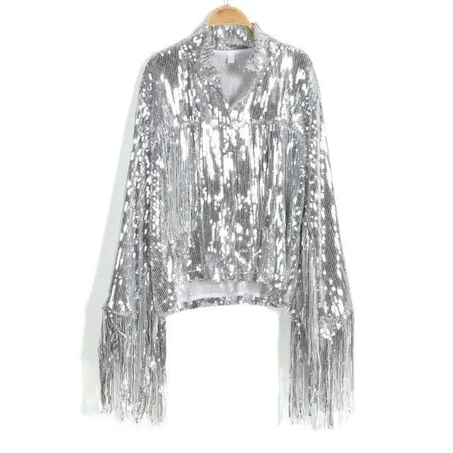 Silver Sequin Tassel Jacket Long Sleeve Reflective Glitter Shimmer