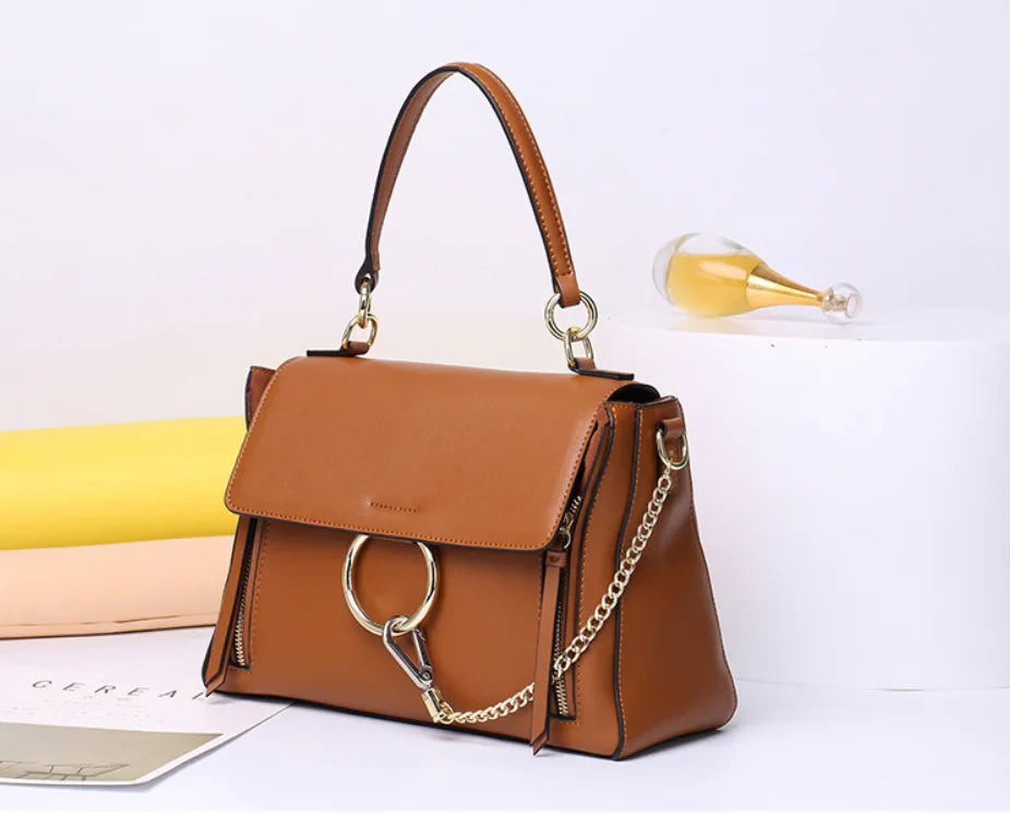 Round Handbag, Genuine Leather Women's Tote