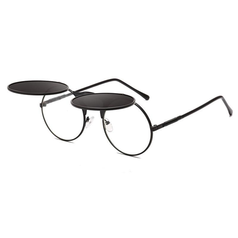 Vintage-style steampunk flip-up sunglasses with alloy frames.