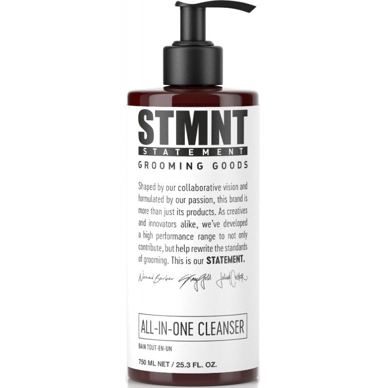 STMNT 750ml All-In-One Cleanser in minimalist professional brown packaging.