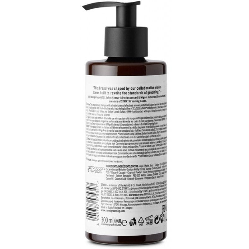 STMNT Shampoo bottle, a powerful daily cleanser with activated charcoal and menthol, 10.14 oz size.