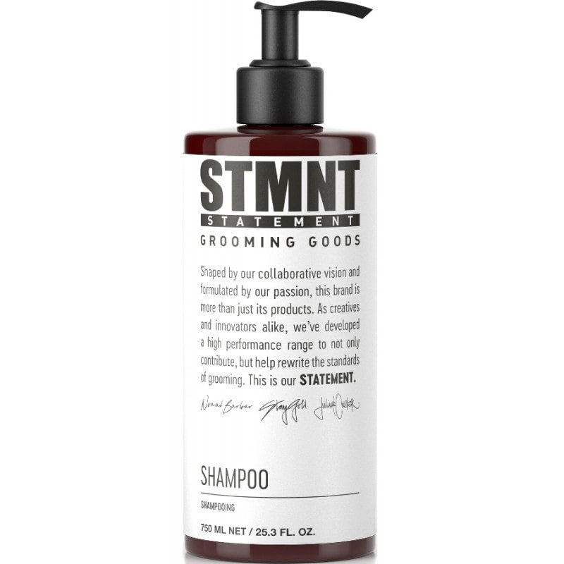 STMNT 750ml Shampoo bottle featuring minimalist brown, white, and black design.