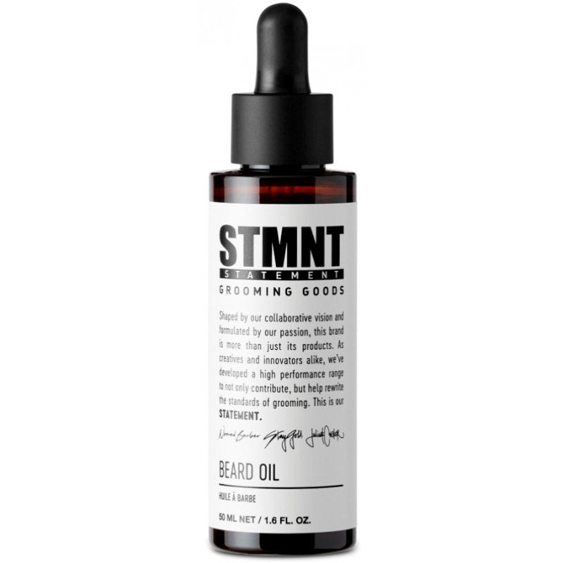 STMNT 1.6 oz beard oil bottle for grooming and softening facial hair