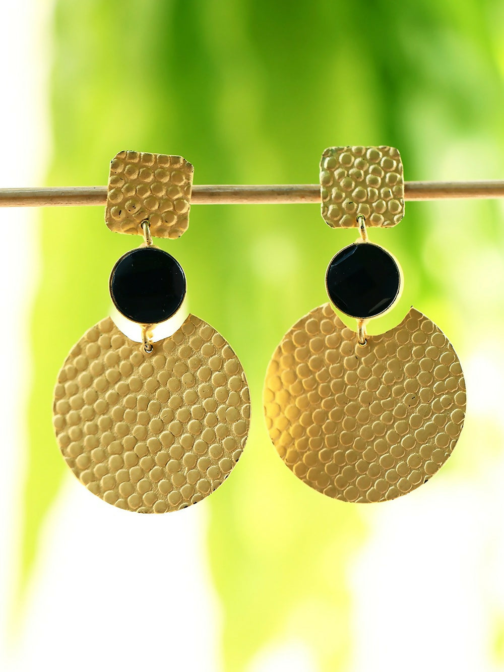 Matte Gold Round Drop Earrings with Black Detail