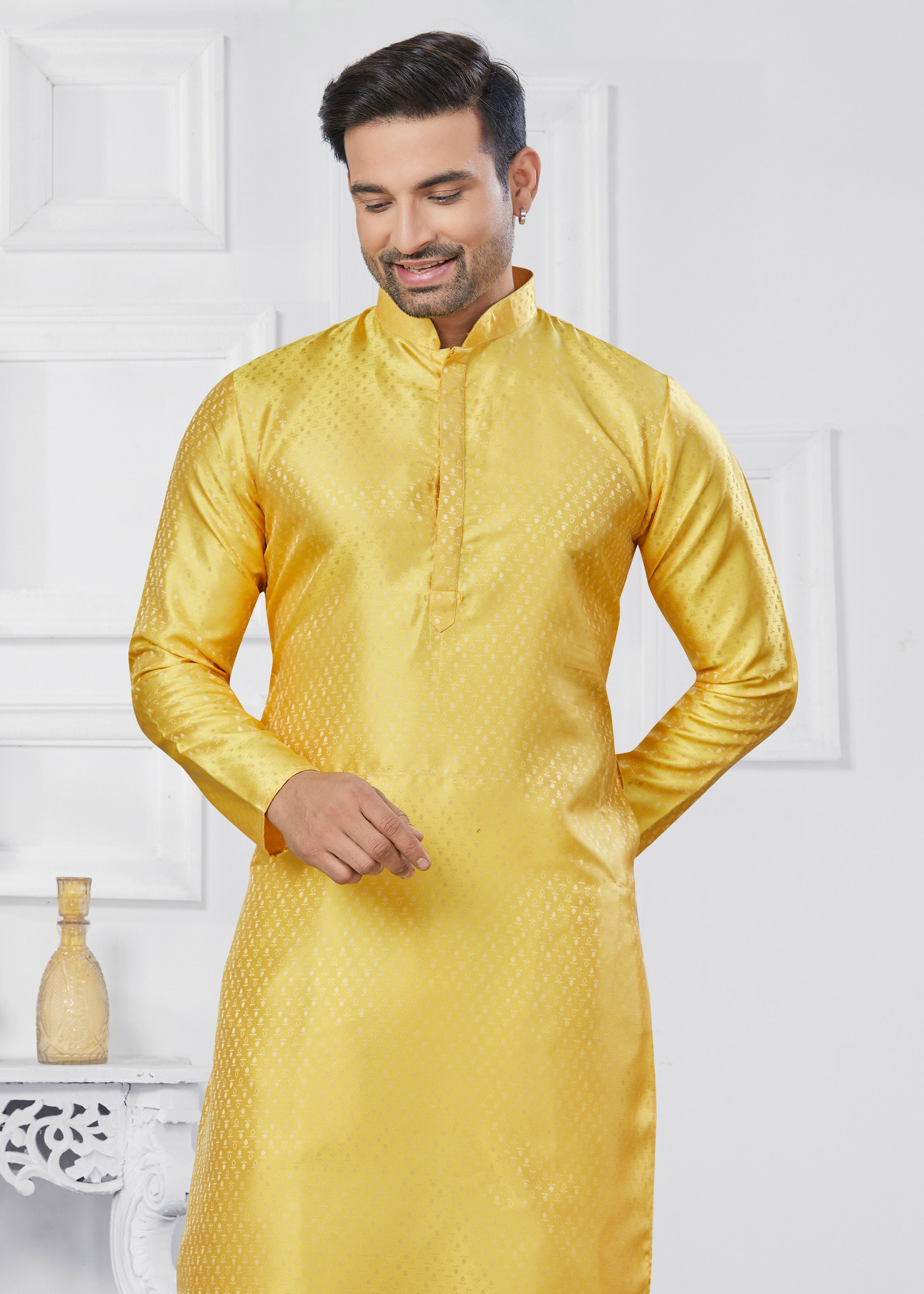 Men's Yellow Jacquard Silk Printed Kurta Pyjama Ethnic Set