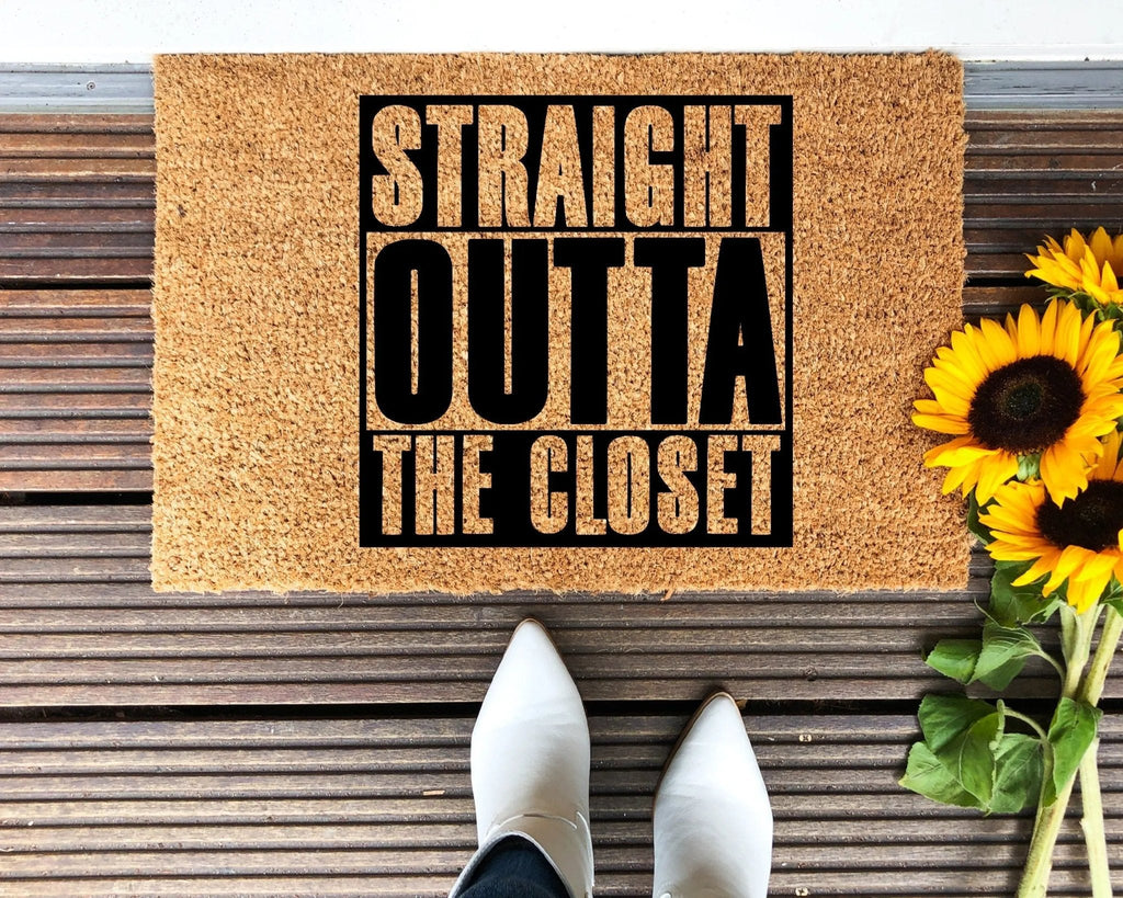Straight Outta The Closet humor coir doormat in brown