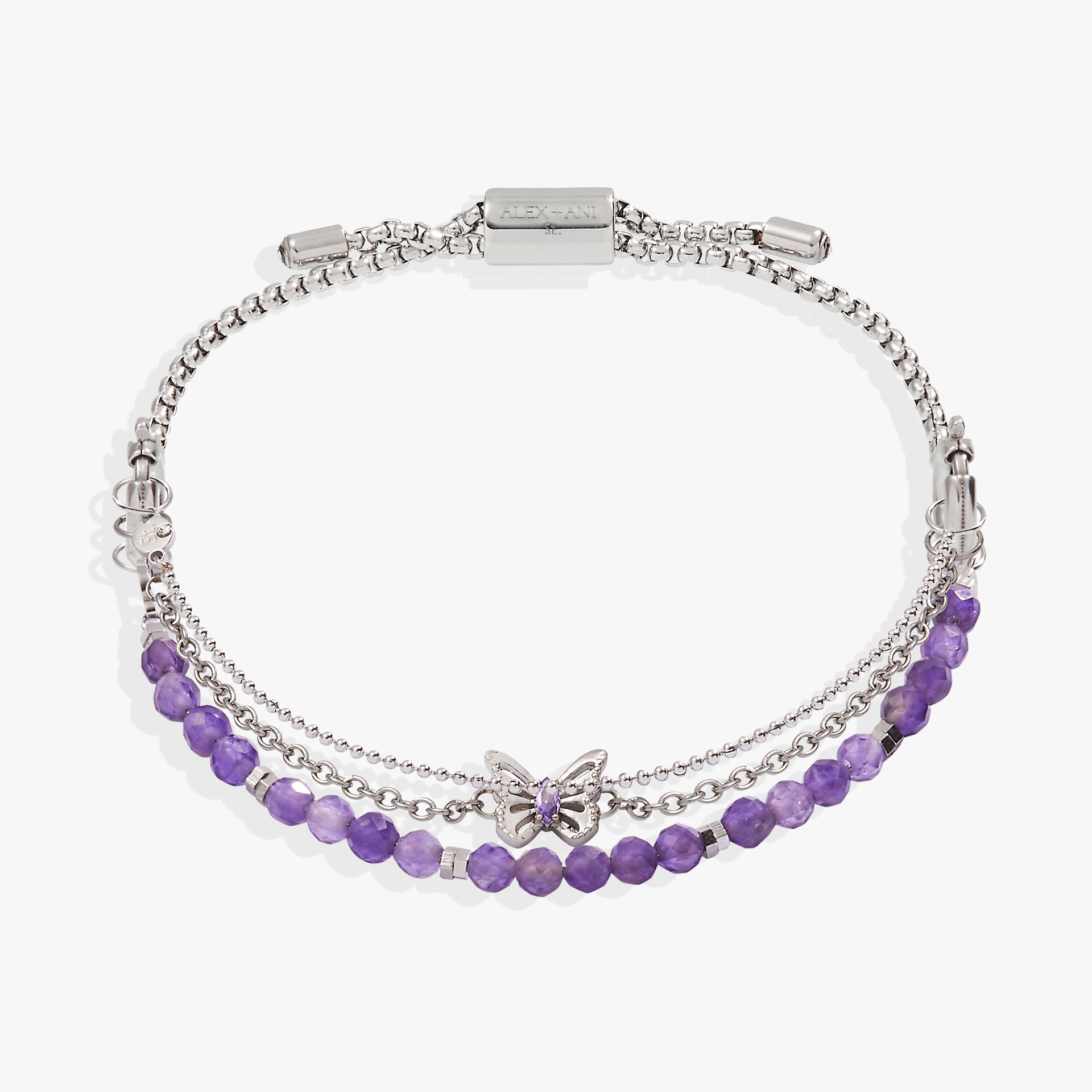 Alex And Ani butterfly charm bracelet set featuring violet cubic zirconia and semi-precious beads