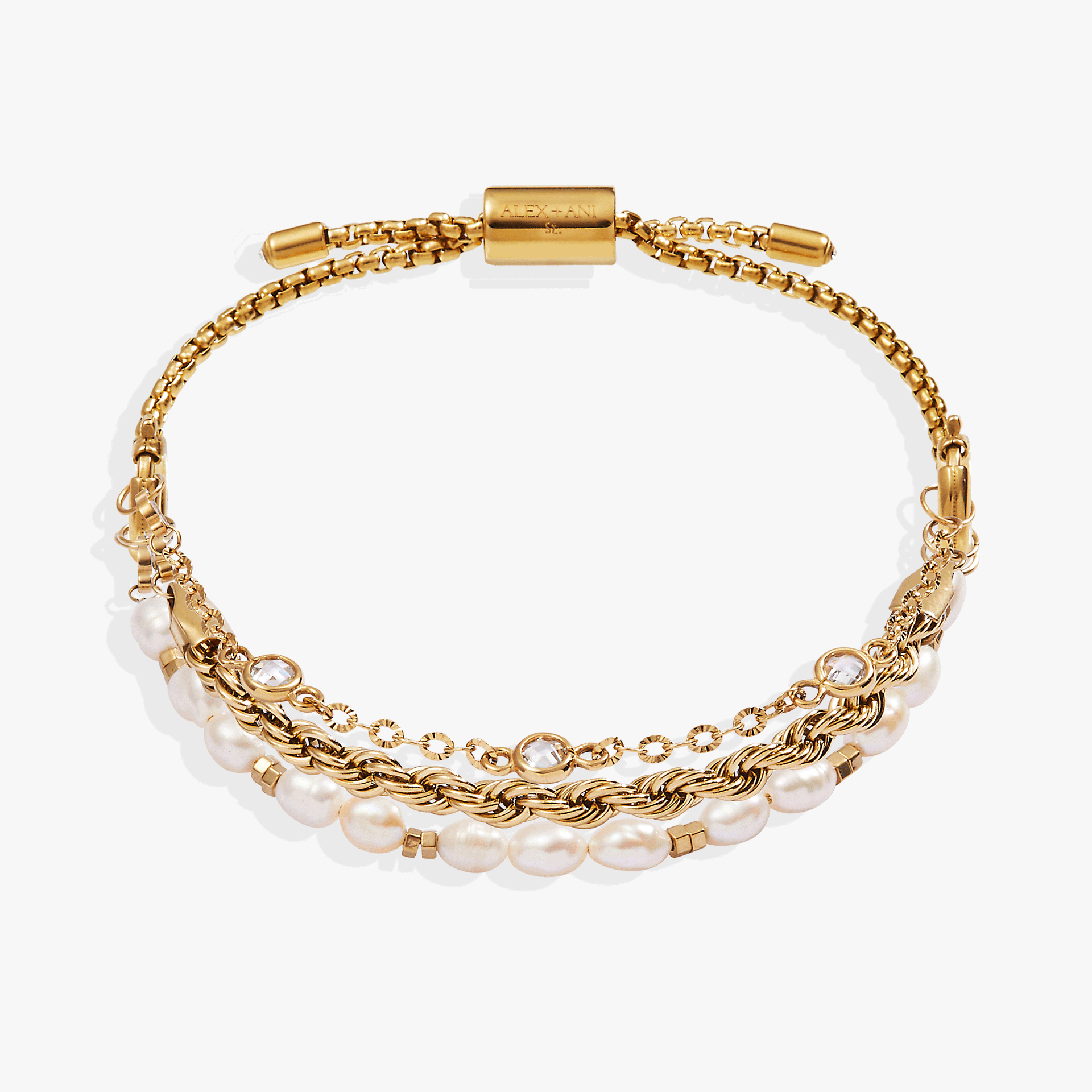 Three-piece layered bracelet set featuring freshwater pearls, a rope chain, and glass crystal stones.