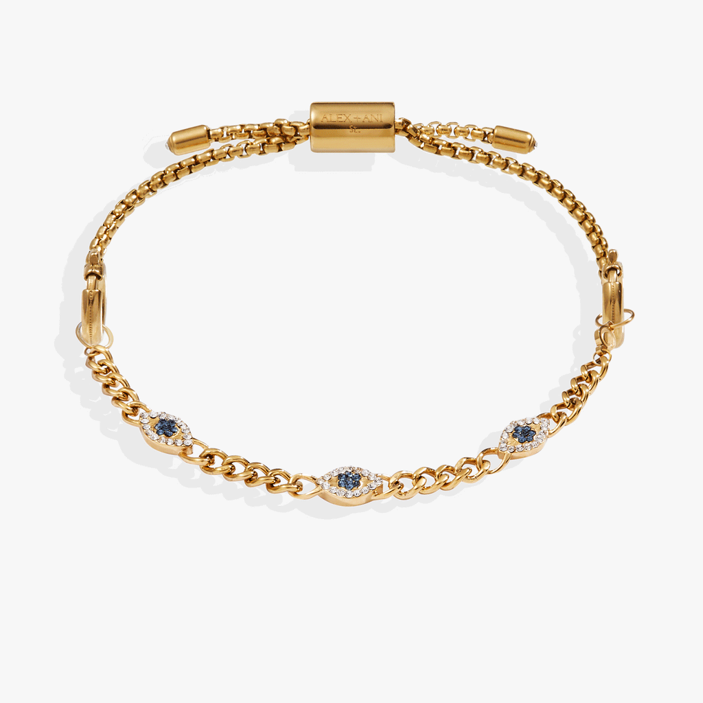 Three-strand Evil Eye bracelet set featuring blue crystals and semi-precious stones