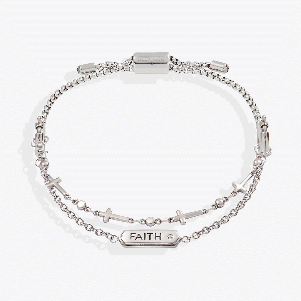 Two-row Faith Stranded™ bracelet set featuring a Faith plate with CZ stones and cross charms