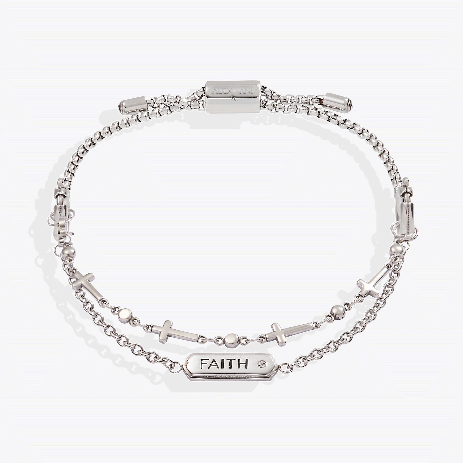Two-row Faith Stranded™ bracelet set featuring a Faith plate with CZ stones and cross charms