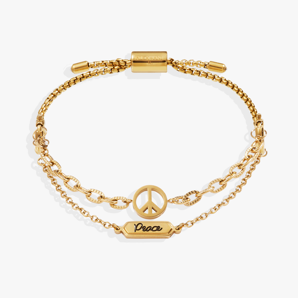Alex And Ani Peace Stranded Bracelet Set with in-line peace sign charm and Peace plate on delicate chain
