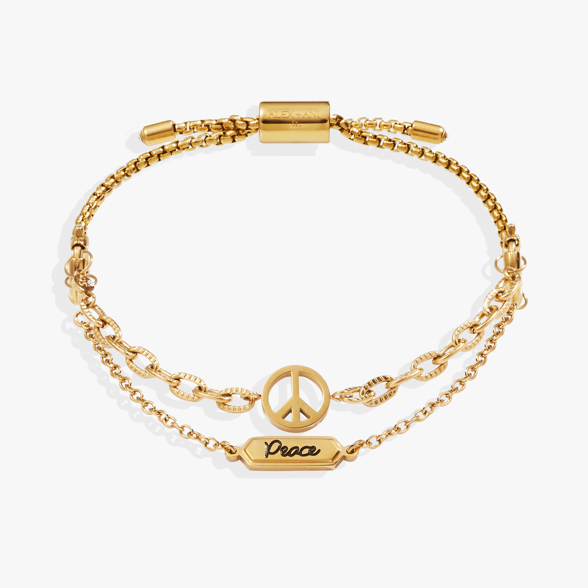 Alex And Ani Peace Stranded Bracelet Set with in-line peace sign charm and Peace plate on delicate chain