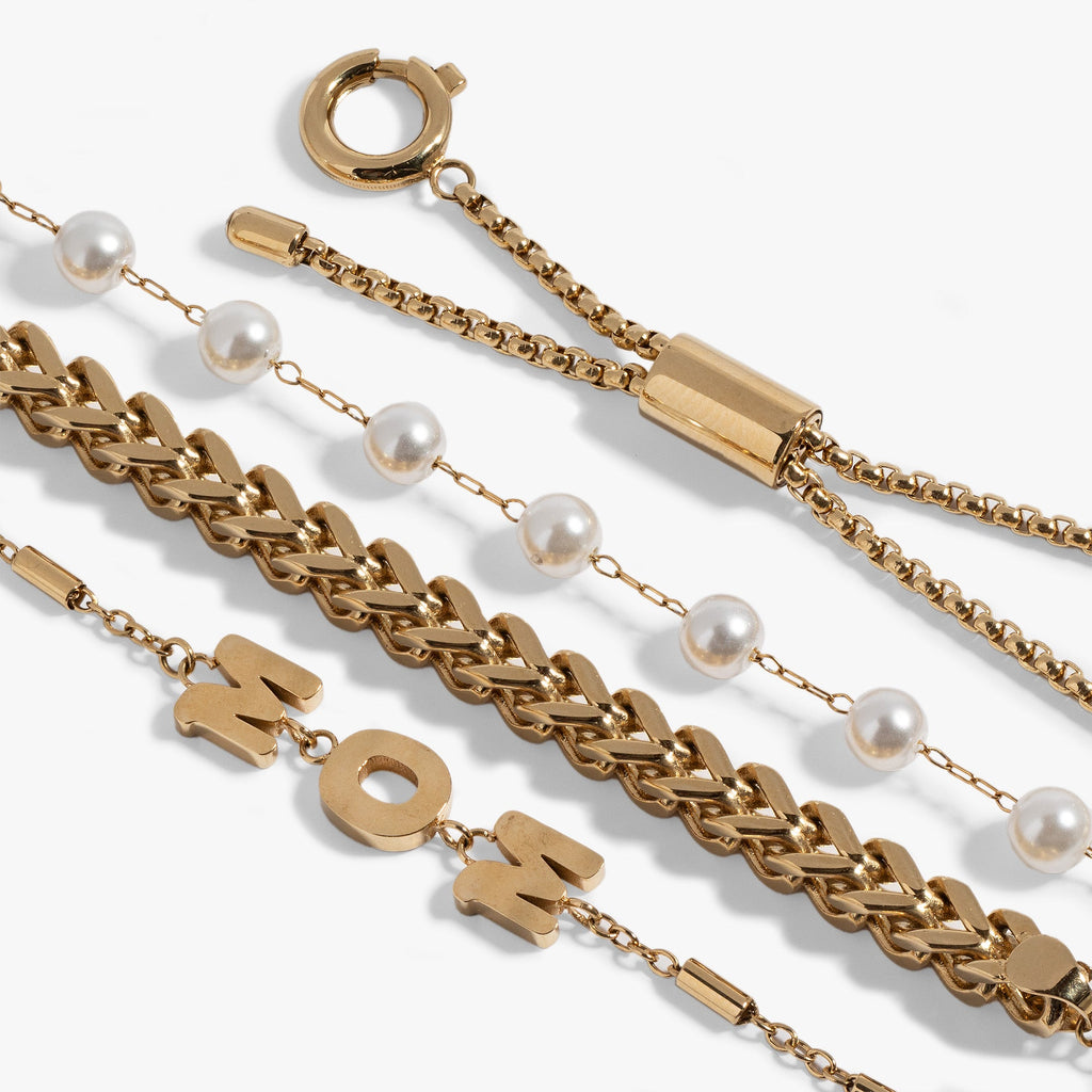 Mom Pearl Stranded Bracelet Set in Gold and White