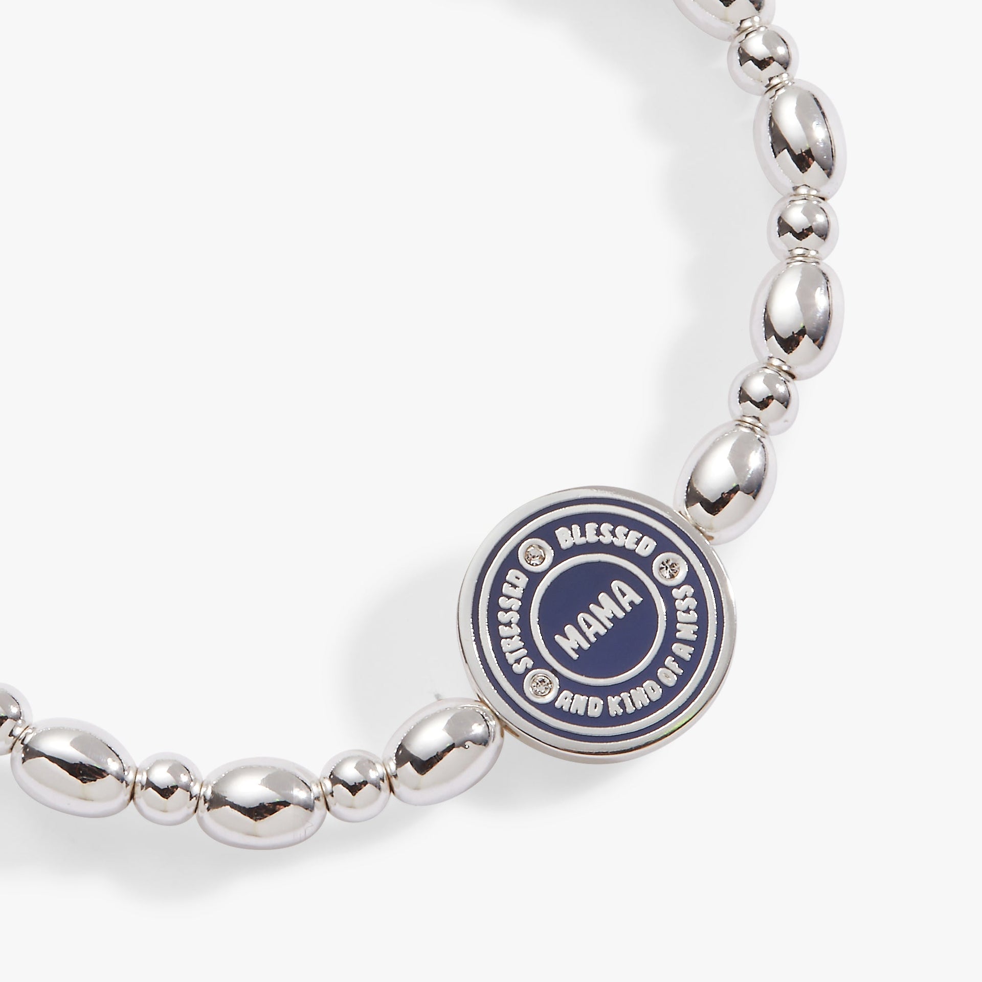 Stretch bracelet featuring an enamel charm with the text 'Mama — Stressed, Blessed and Kind of a Mess'.