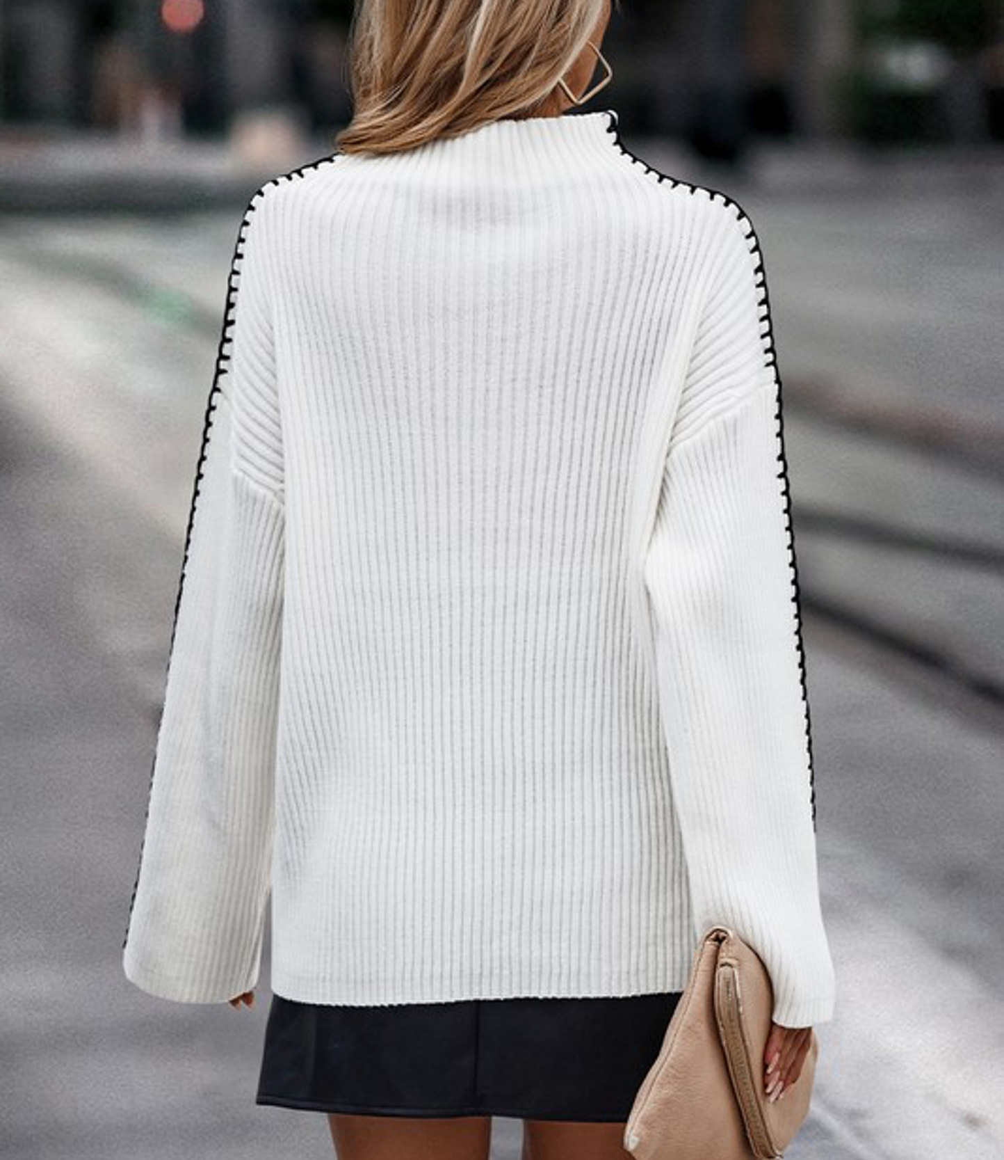 Strip Color Block High Neck Sweater in White