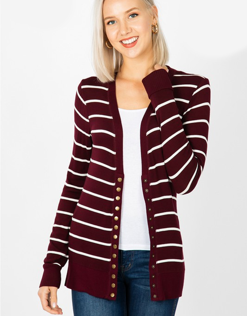 Close up of Dark Burgundy full sleeve striped snap cardigan showing fabric texture and snap buttons