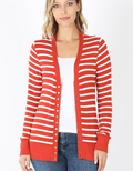 Copper striped cardigan with full sleeves and snap-front closure