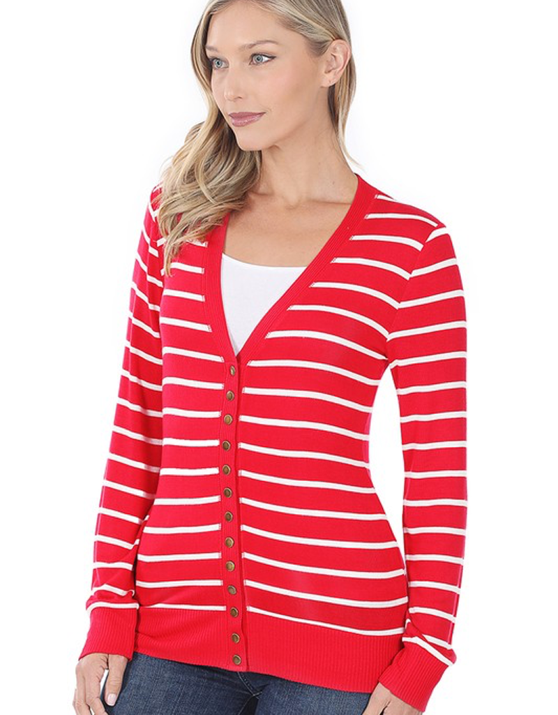 Close up of ruby red striped long sleeve cardigan with snap buttons