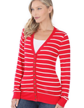 Close up of ruby red striped long sleeve cardigan with snap buttons