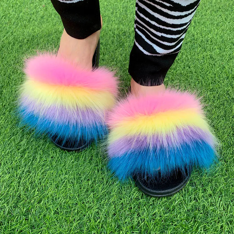 Women's Multicolored Faux Fur Flat Slippers Cozy Open Toe Slides