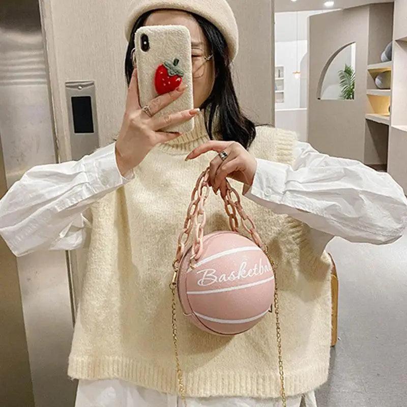 Pink Basketball Shape Crossbody Bag with Detachable Chain Strap