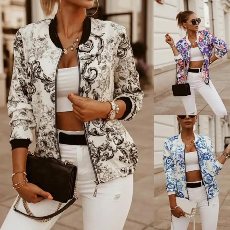 Women's Floral Print Long Sleeve Bomber Jacket - Casual Zip Up