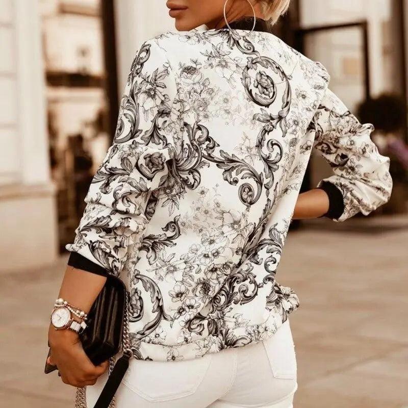 Women's Floral Print Long Sleeve Bomber Jacket - Casual Zip Up