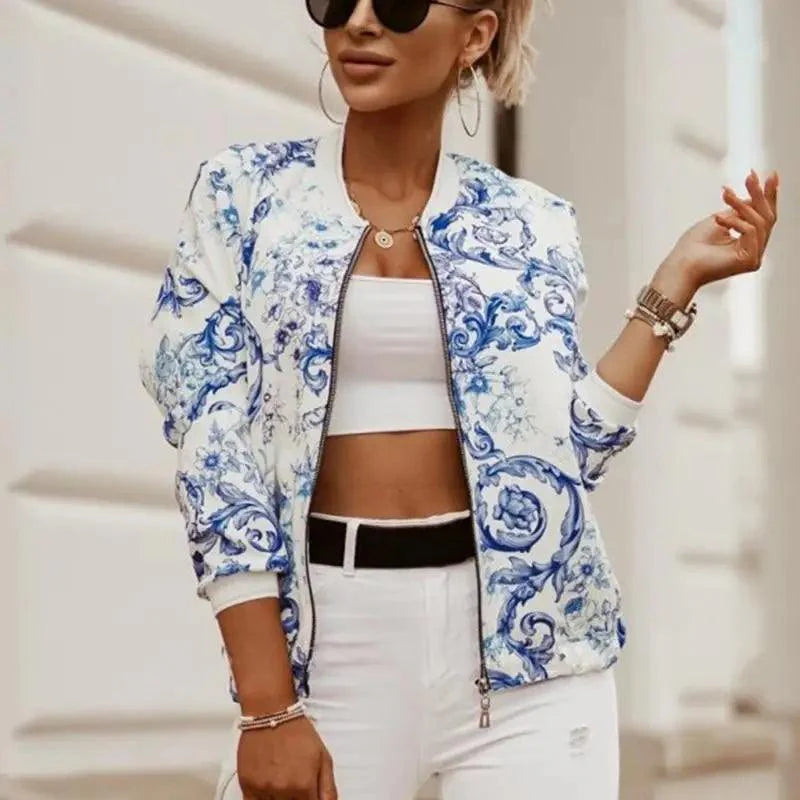 Women's Floral Print Long Sleeve Bomber Jacket - Casual Zip Up
