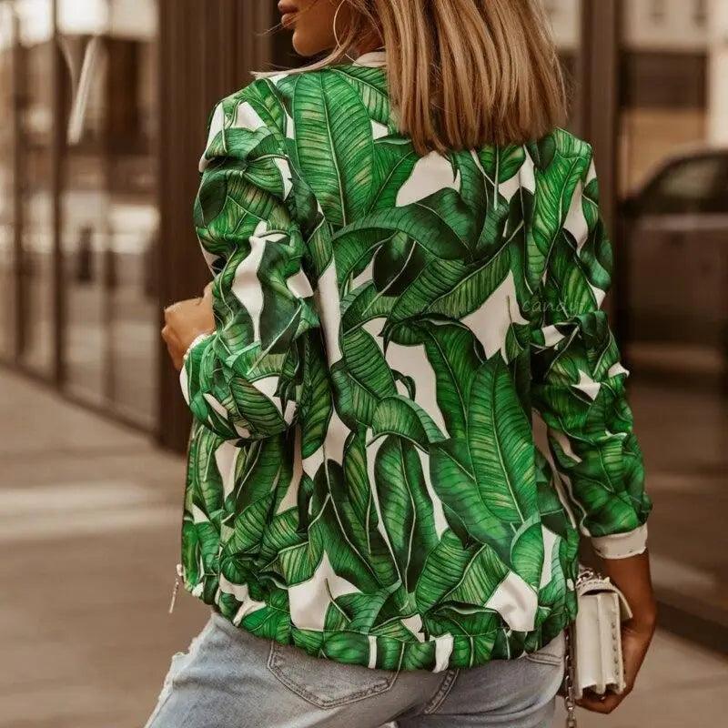 Women's Floral Print Long Sleeve Bomber Jacket - Casual Zip Up