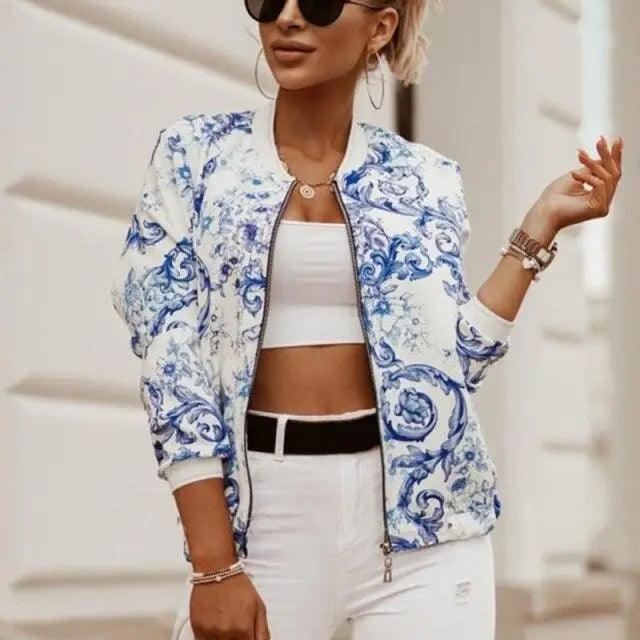 Women's Floral Print Long Sleeve Bomber Jacket - Casual Zip Up