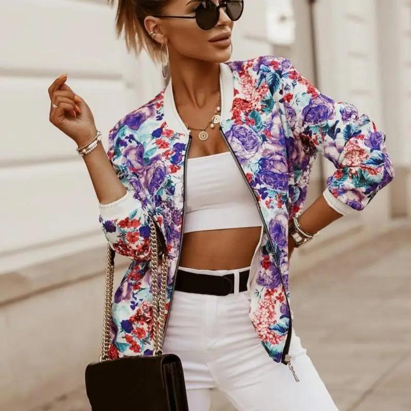 Women's Floral Print Long Sleeve Bomber Jacket - Casual Zip Up