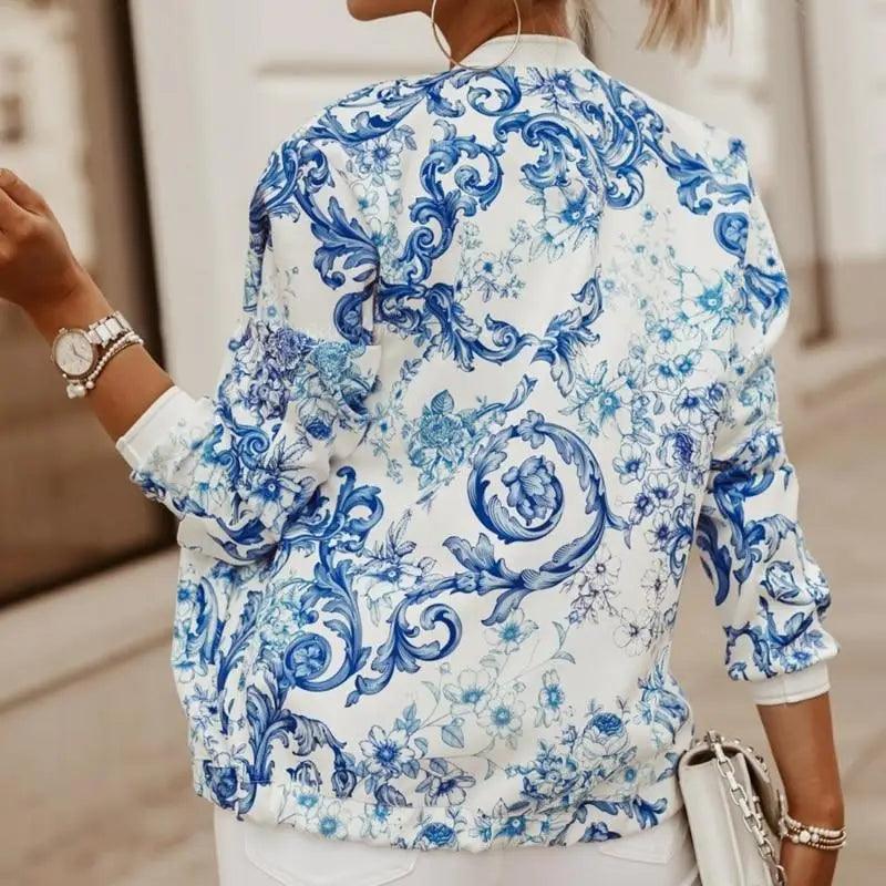 Women's Floral Print Long Sleeve Bomber Jacket - Casual Zip Up