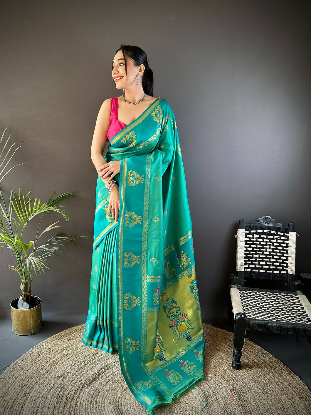 Elegant green soft silk Paithani saree with intricate meenakari weaving and unstitched blouse piece