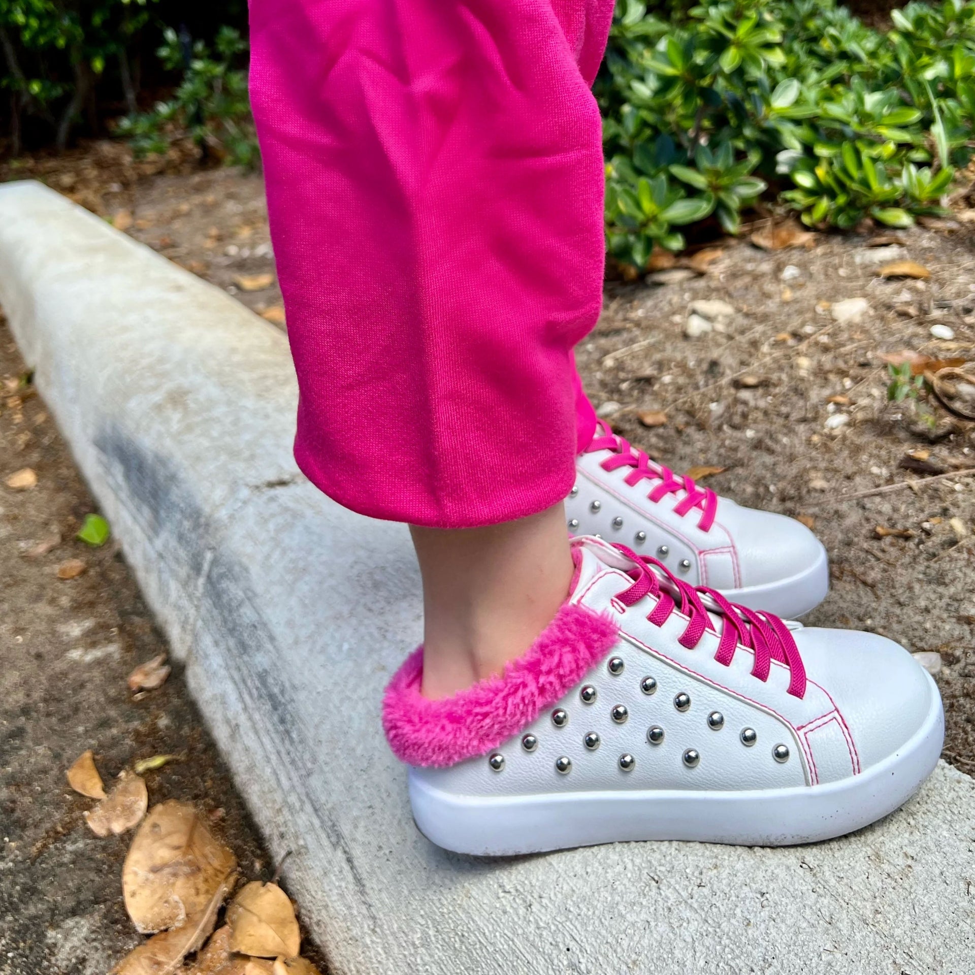 White Studded Slip On Sneaker with Hot Pink Fleece Trim - Image 2