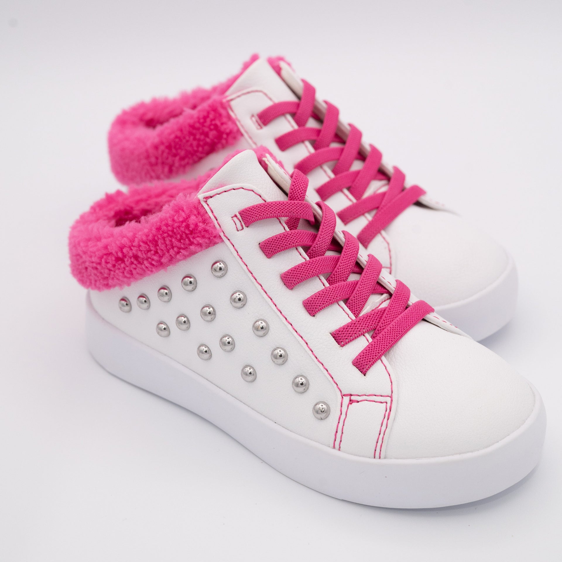 White Studded Slip On Sneaker with Hot Pink Fleece Trim - Image 3