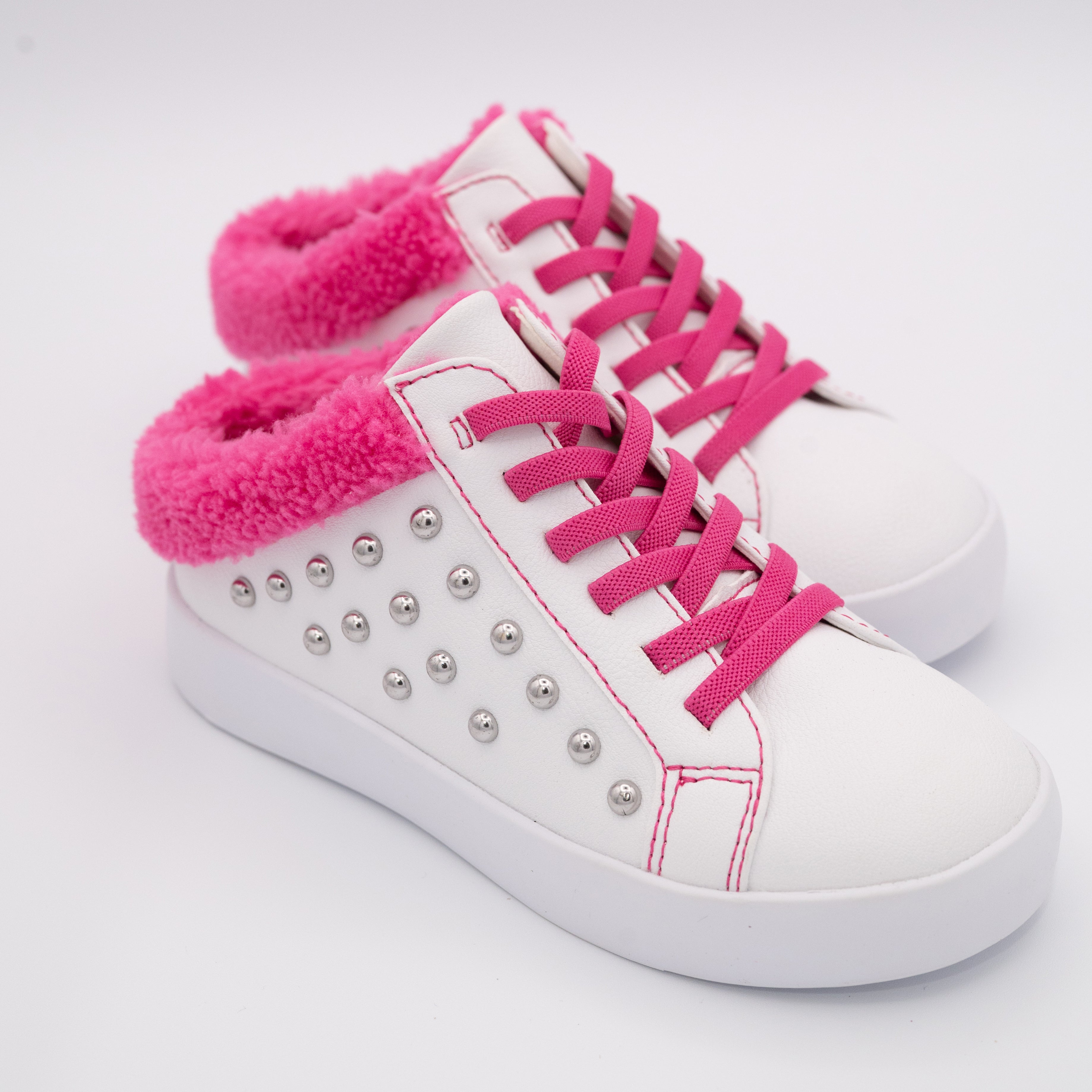 White Studded Slip On Sneaker with Hot Pink Fleece Trim - Image 3