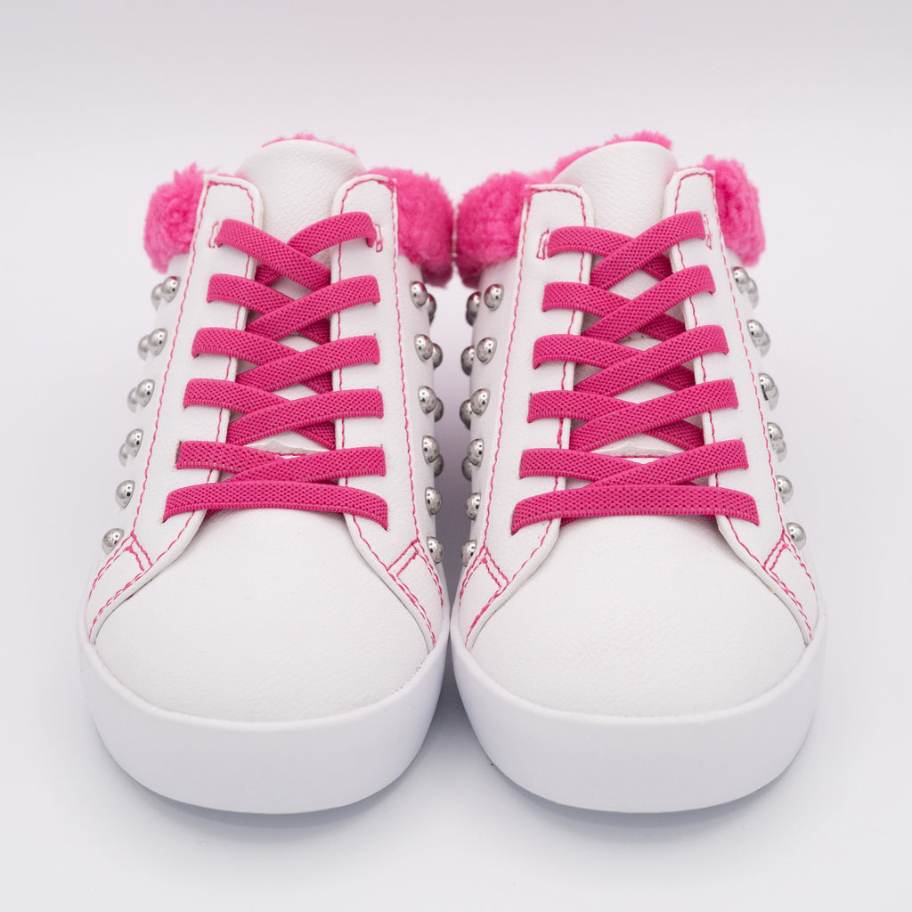 White Studded Slip On Sneaker with Hot Pink Fleece Trim - Image 4