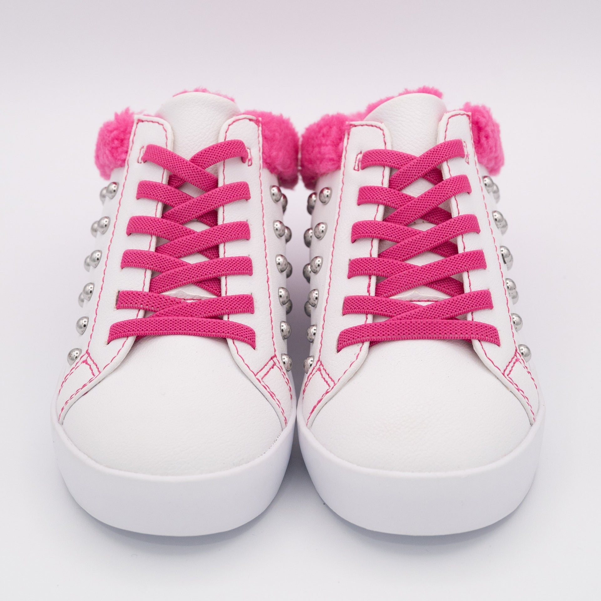 White Studded Slip On Sneaker with Hot Pink Fleece Trim - Image 4