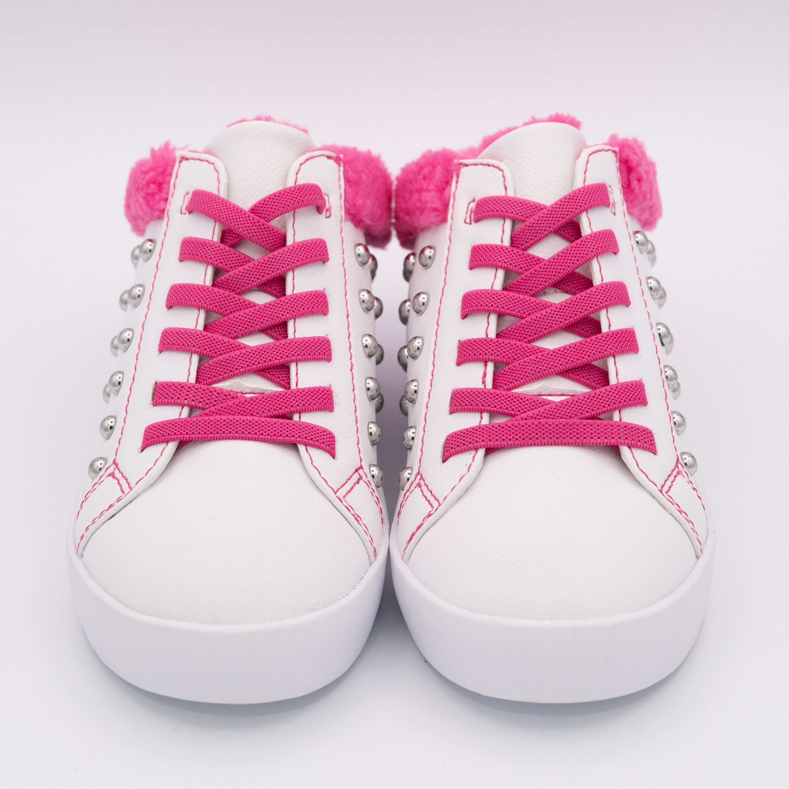 White Studded Slip On Sneaker with Hot Pink Fleece Trim - Image 4