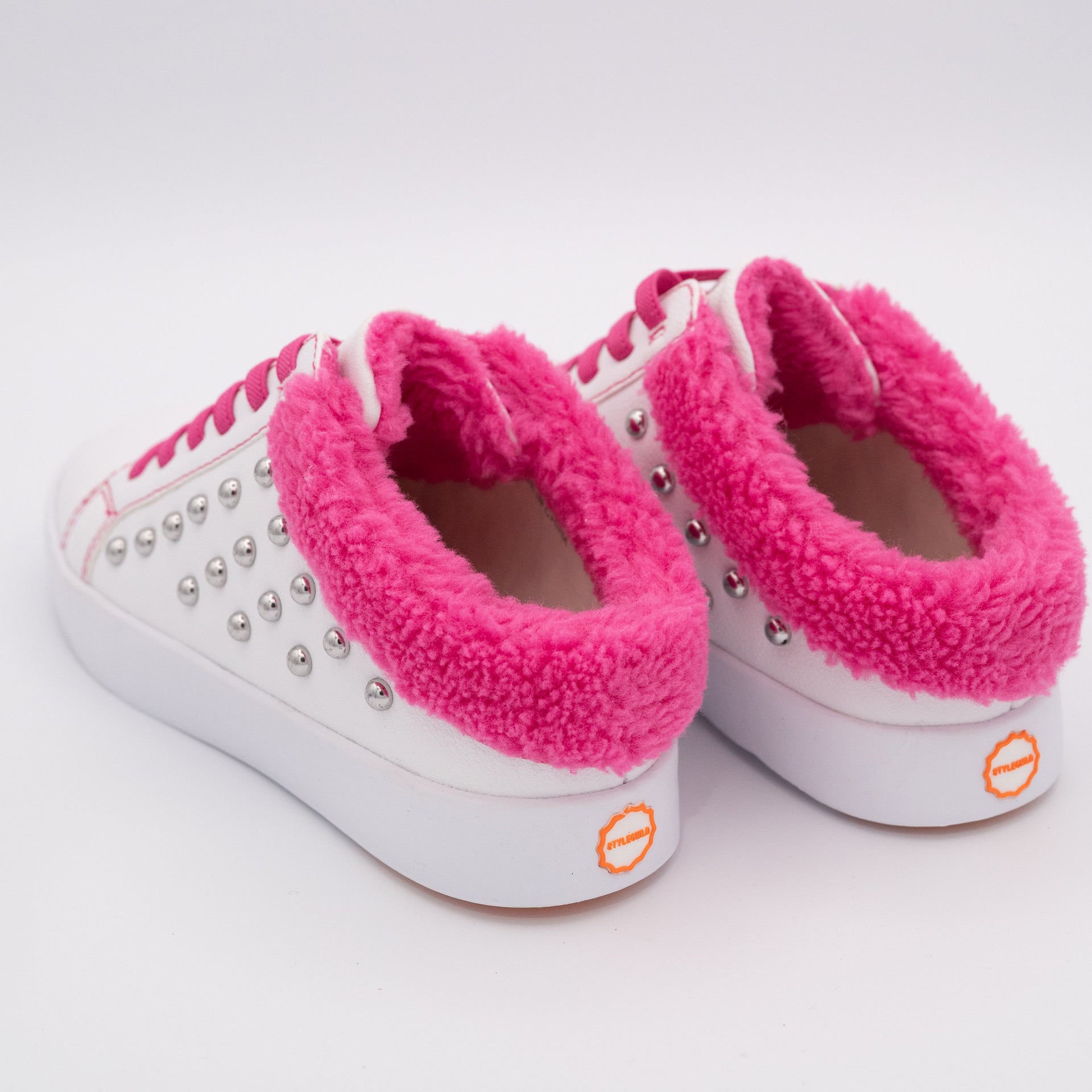 White Studded Slip On Sneaker with Hot Pink Fleece Trim - Image 5