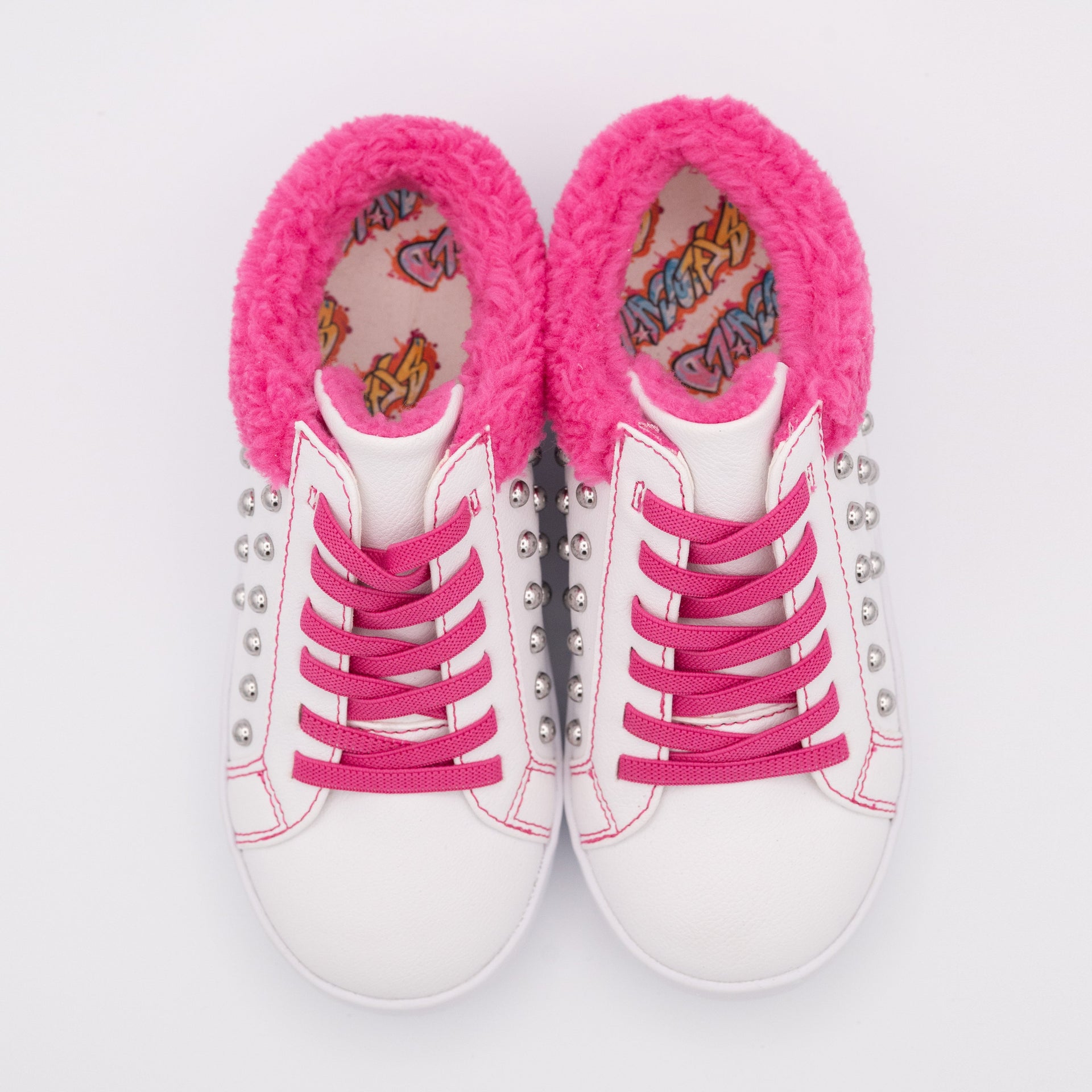 White Studded Slip On Sneaker with Hot Pink Fleece Trim - Image 6
