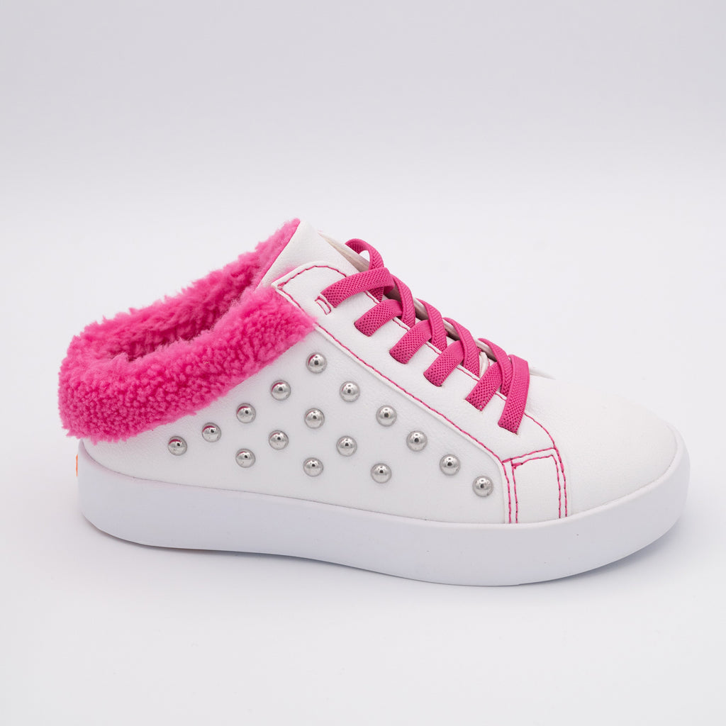 White Studded Slip On Sneaker with Hot Pink Fleece Trim - Image 10
