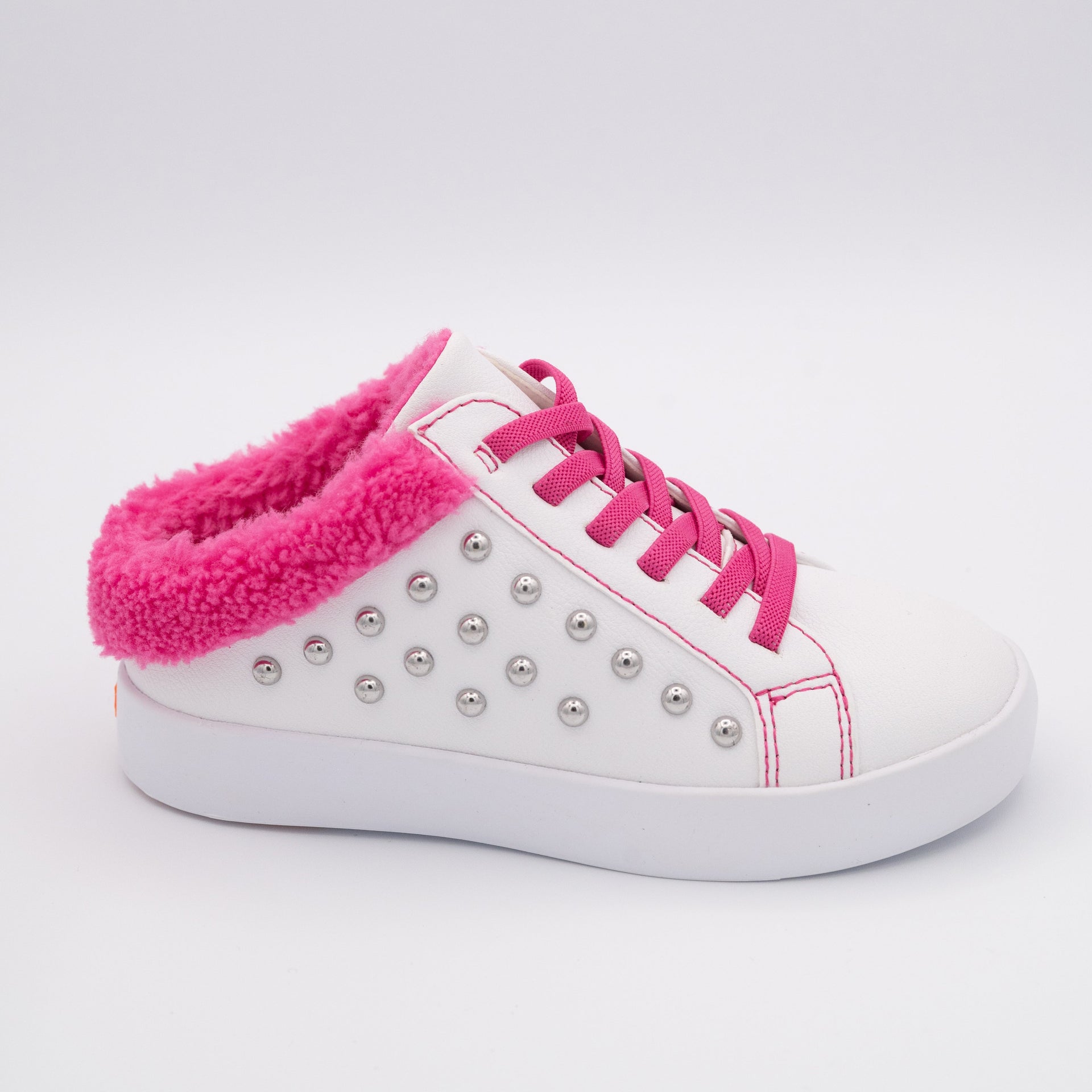 White Studded Slip On Sneaker with Hot Pink Fleece Trim - Image 10